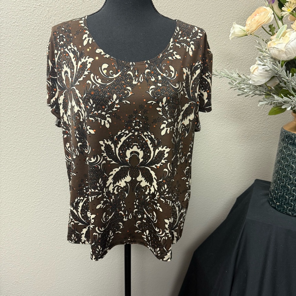 Brittany Black 2X Brown Cream Baroque Print Stretch Top Made in USA